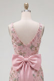 Pink Floral V-Neck Bodycon Homecoming Dress with Slit