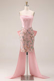 Strapless Corset Pink Bodycon Floral Homecoming Dress with Bow
