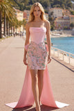 Strapless Corset Pink Bodycon Floral Homecoming Dress with Bow