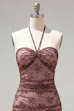 Halter Bodycon Ruched Chocolate Homecoming Dress with Beading