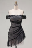 Off the Shoulder Bodycon Black Homecoming Dress with Ruffles