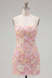 Strapless Bodycon Pink Floral Homecoming Dress with Beading