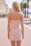 Strapless Bodycon Pink Floral Homecoming Dress with Beading