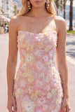 Strapless Bodycon Pink Floral Homecoming Dress with Beading