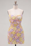 Strapless Bodycon Pink Floral Homecoming Dress with Beading