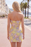 Strapless Bodycon Pink Floral Homecoming Dress with Beading