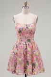 A-Line Spaghetti Straps Pink Floral Embroidered Homecoming Dress