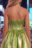 Metallic Strapless Corset Hot Pink A Line 80s Homecoming Dress