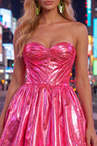 Metallic Strapless Corset Hot Pink A Line 80s Homecoming Dress