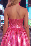 Metallic Strapless Corset Hot Pink A Line 80s Homecoming Dress