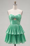 Strapless Cut Out Metallic Green Ruched A Line 80s Homecoming Dress