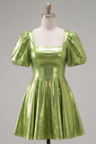 Square Neck Hot Pink A Line Metallic 80s Homecoming Dress With Puff Sleeves