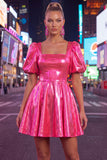Square Neck Hot Pink A Line Metallic 80s Homecoming Dress With Puff Sleeves