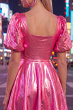 Square Neck Hot Pink A Line Metallic 80s Homecoming Dress With Puff Sleeves