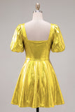 Square Neck Hot Pink A Line Metallic 80s Homecoming Dress With Puff Sleeves