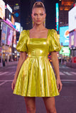 Square Neck Hot Pink A Line Metallic 80s Homecoming Dress With Puff Sleeves