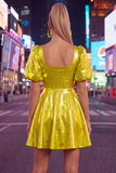 Square Neck Hot Pink A Line Metallic 80s Homecoming Dress With Puff Sleeves