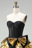 Strapless Corset Black Golden A Line 80s Homecoming Dress With Bow