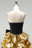 Strapless Corset Black Golden A Line 80s Homecoming Dress With Bow