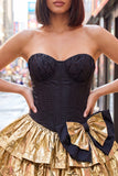 Strapless Corset Black Golden A Line 80s Homecoming Dress With Bow