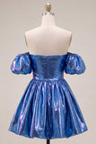 Off The Shoulder A Line Fuchsia Metallic 80s Homecoming Dress