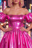 Off The Shoulder A Line Fuchsia Metallic 80s Homecoming Dress