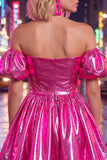 Off The Shoulder A Line Fuchsia Metallic 80s Homecoming Dress
