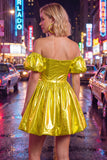 Off The Shoulder A Line Fuchsia Metallic 80s Homecoming Dress