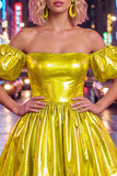 Off The Shoulder A Line Fuchsia Metallic 80s Homecoming Dress