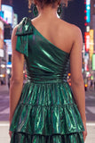 One Shoulder A Line Fuchsia Metallic 80s Homecoming Dress With Bow