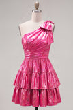 One Shoulder A Line Fuchsia Metallic 80s Homecoming Dress With Bow