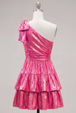 One Shoulder A Line Fuchsia Metallic 80s Homecoming Dress With Bow