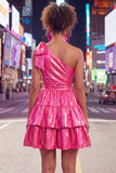 One Shoulder A Line Fuchsia Metallic 80s Homecoming Dress With Bow