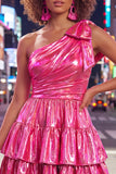 One Shoulder A Line Fuchsia Metallic 80s Homecoming Dress With Bow