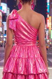 One Shoulder A Line Fuchsia Metallic 80s Homecoming Dress With Bow