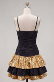 A Line Spaghetti Straps Black Golden Tiered 80s Homecoming Dress With Bow