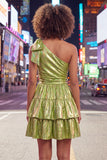 One Shoulder A Line Fuchsia Metallic 80s Homecoming Dress With Bow