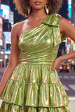 One Shoulder A Line Fuchsia Metallic 80s Homecoming Dress With Bow