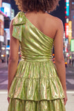 One Shoulder A Line Fuchsia Metallic 80s Homecoming Dress With Bow