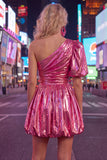 Royal Blue One Shoulder A Line Metallic 80s Homecoming Dress With Pockets