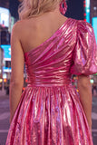 Royal Blue One Shoulder A Line Metallic 80s Homecoming Dress With Pockets