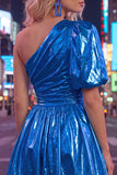Royal Blue One Shoulder A Line Metallic 80s Homecoming Dress With Pockets