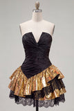 Strapless Ruched A Line Black Golden Tiered 80s Homecoming Dress