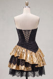 Strapless Ruched A Line Black Golden Tiered 80s Homecoming Dress