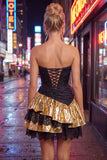 Strapless Ruched A Line Black Golden Tiered 80s Homecoming Dress