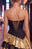 Strapless Ruched A Line Black Golden Tiered 80s Homecoming Dress