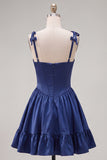 Navy Corset A Line Spaghetti Straps Homecoming Dress With Bows