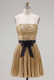 Strapless Golden Pleated A Line Homecoming Dress With 3D Flower