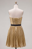 Strapless Golden Pleated A Line Homecoming Dress With 3D Flower