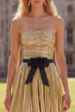 Strapless Golden Pleated A Line Homecoming Dress With 3D Flower